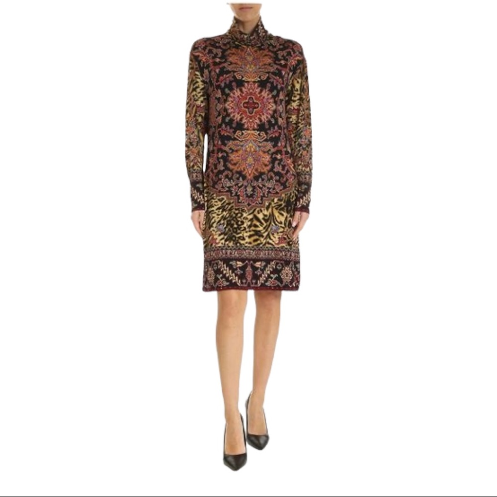 Etro Animal Print Long Sleeve Jersey Turtleneck Dress size 8 42 IT